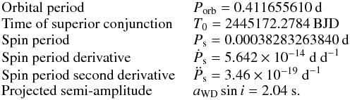 Mathematical equation: $$ \begin{array}{ll} \text{Orbital period } & P_{\text{orb}} = 0.411655610 \text{ d}\\ \text{Time of superior conjunction } & T_{0} = 2445172.2784 \text{ BJD}\\ \text{Spin period } & P_{\text{s}} = 0.00038283263840 \text{ d}\\ \text{Spin period derivative } &\dot{P}_{\text{s}} =5.642\ttt{-14} \text{ d } \text{d}^{-1}\\ \text{Spin period second derivative } & \ddot{P}_{\text{s}} = 3.46\ttt{-19} \text{ d}^{-1}\\ \text{Projected semi-amplitude } & a_{\text{WD}}\sin i = 2.04 \text{ s.}\\ \end{array} $$