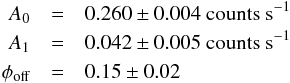 Mathematical equation: \begin{eqnarray*} A_{0}& =& 0.260\pm 0.004 \text{ counts s}^{-1}\\ A_{1} &= &0.042\pm 0.005 \text{ counts s}^{-1}\\ \phi_{\text{off}} &=& 0.15\pm 0.02 \end{eqnarray*}