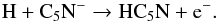 Mathematical equation: \begin{equation} \label{eq:HC5Nformation} \text{H} + \text{C}{_5}\text{N}{^-} \to \text{HC}{_5}\text{N} + {\rm e}{^-}. \end{equation}