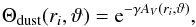 Mathematical equation: \begin{equation} \label{eq:Theta_dust} \Theta_\text{dust}(r_i, \vartheta) = {\rm e}^{- \gamma A_{V} (r_i,\vartheta) }, \end{equation}