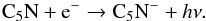 Mathematical equation: \begin{equation} \label{eq:C5N-formation} \text{C}{_5}\text{N} + {\rm e}{^-} \to \text{C}{_5}\text{N}{^-} + h\nu. \end{equation}