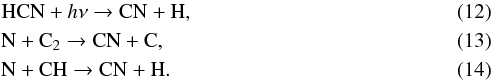 Mathematical equation: \begin{eqnarray} &&\text{HCN} + h\nu \to \text{CN} + \text{H}, \label{eq:HCN+hv} \\ &&\text{N} + \text{C}{_2} \to \text{CN} + \text{C}, \label{eq:CNformation} \\ &&\text{N} + \text{CH} \to \text{CN} + \text{H}. \end{eqnarray}