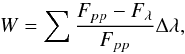 Mathematical equation: \begin{equation} W = \sum{\frac{F_{pp}-F_{\lambda}}{F_{pp}}\Delta\lambda}, \label{ew} \end{equation}