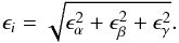Mathematical equation: \begin{equation} \epsilon_{i} = \sqrt{\epsilon_{\alpha}^{2}+\epsilon_{\beta}^{2}+\epsilon_{\gamma}^{2}}. \end{equation}