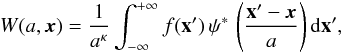 Mathematical equation: \begin{eqnarray} W(a,{\vec x}) = \frac{1}{a^{\kappa}} \int^{+\infty}_{-\infty} f(\mathbf{x^{\prime}}) \, \psi^{*} \, \left(\frac{\mathbf{x^{\prime}} - {\vec x}}{a}\right) {\rm d} \mathbf{x^{\prime}} , \label{waveletequation} \end{eqnarray}