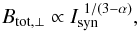 Mathematical equation: \begin{eqnarray} B_\mathrm{tot,\perp} \propto I_\mathrm{syn}^{\,\,1/(3-\alpha)}, \end{eqnarray}
