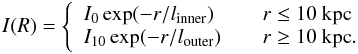Mathematical equation: \begin{eqnarray} I(R) = \left\{ \begin{array}{l l} I_\mathrm{0} \, \mathrm{exp}(-r/l_\mathrm{inner}) & \quad r \le 10~{\rm kpc}\\ I_\mathrm{10} \, \mathrm{exp}(-r/l_\mathrm{outer}) & \quad r \ge 10~{\rm kpc}. \end{array} \right. \end{eqnarray}