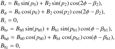 Mathematical equation: \begin{eqnarray} \label{fletcherregflds} && B_r = B_0 \sin(p_0) + B_2 \sin(p_2)\cos(2 \phi - \beta_2), \nonumber \\ && B_{\phi} = B_0 \cos(p_0) + B_2 \cos(p_2)\cos(2 \phi - \beta_2), \nonumber \\ && B_z = 0, \nonumber \\ && B_{\text{h}r} = B_{\text{h}0}\sin(p_{\text{h}0}) + B_{\text{h}1}\sin(p_{\text{h}1})\cos(\phi - \beta_{\text{h}1}), \nonumber \\ && B_{\text{h}\phi} = B_{\text{h}0}\cos(p_{\text{h}0}) + B_{\text{h}1}\cos(p_{\text{h}1})\cos(\phi - \beta_{\text{h}1}), \nonumber \\ && B_{\text{h}z} = 0, \end{eqnarray}