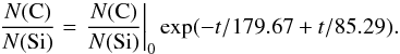 Mathematical equation: \begin{equation} \frac{N(\mathrm{C})}{N(\mathrm{Si})} = \left . \frac{N(\mathrm{C})}{N(\mathrm{Si})} \right|_0 \exp(-t/179.67 + t/85.29) . \end{equation}