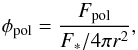 Mathematical equation: \begin{equation} \label{Formula_albedo} \phi_{\rm pol}= \frac{F_{\rm pol}}{F_*/4\pi r^2} , \end{equation}