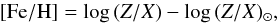 Mathematical equation: \begin{equation} [{\rm Fe/H}]=\log\, (Z/X)-\log \,(Z/X)_\odot\text{,} \end{equation}