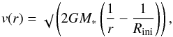 Mathematical equation: \begin{equation} v(r) = \sqrt{}\left(2GM_*\left(\frac{1}{r} - \frac{1}{R_{\rm ini}}\right)\right), \label{fall} \end{equation}