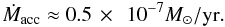 Mathematical equation: $$\dot{M}_{\rm acc} \approx 0.5\,\times\,~10^{-7} M_\odot/{\rm yr}. $$