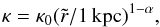 Mathematical equation: \begin{equation} \kappa = \kappa_0 ( \tilde{r}/1\,\rm{kpc} )^{1-\alpha},\label{eq:kappa} \end{equation}