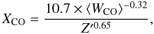 Mathematical equation: $$ X_{\rm CO} = \frac{10.7\times \langle W_{\rm CO}\rangle^{-0.32}}{Z'^{0.65}}, $$