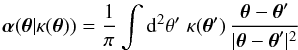 Mathematical equation: \begin{equation} \vc\alpha(\vc\theta|\kappa(\vc\theta)) ={1\over \pi}\int\d^2 \theta'\; \kappa(\vc\theta')\, {\vc\theta-\vc\theta'\over |\vc\theta-\vc\theta'|^2} \end{equation}
