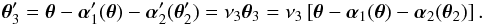 Mathematical equation: \begin{equation} \vc\theta_3'=\vc\theta-\vc\alpha_1'(\vc\theta)-\vc\alpha_2'(\vc\theta_2') =\nu_3\vc\theta_3=\nu_3\eck{\vc\theta-\vc\alpha_1(\vc\theta) -\vc\alpha_2(\vc\theta_2)} . \label{eq:C-LE2} \end{equation}
