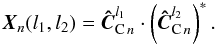 Mathematical equation: \begin{equation} \vec{X}_n(l_1,l_2)=\vec{\hat{C}}_{\mathrm{C}\,n}^{l_1} \cdot \left( \vec{\hat{C}}_{\mathrm{C}\,n}^{l_2} \right)^*. \label{xp} \end{equation}