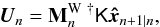 Mathematical equation: \begin{equation} \vec{U}_n ={\bf M}_n^{\mathrm{W}~\dag} \tens{K} \vec{\hat{x}}_{n+1|n}\label{EQposi3}, \end{equation}
