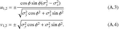 Mathematical equation: \appendix \setcounter{section}{1} \begin{eqnarray} && u_{1,2}=\pm \frac{\cos\phi\sin\phi(\sigma_{y}^2-\sigma_{x}^2)}{\sqrt{\sigma_{y}^2\cos\phi^2+\sigma_{x}^2\sin\phi^2}} \\ && v_{1,2}=\pm \sqrt{\sigma_{y}^2\cos\phi^2+\sigma_{x}^2\sin\phi^2}. \end{eqnarray}