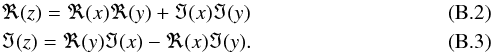 Mathematical equation: \appendix \setcounter{section}{2} \begin{eqnarray} &&\Re(z)= \Re(x)\Re(y)+\Im(x)\Im(y)\\ &&\Im(z)=\Re(y)\Im(x)-\Re(x)\Im(y). \end{eqnarray}