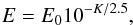 Mathematical equation: \begin{equation} E=E_0 10^{-K/2.5}, \end{equation}