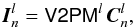 Mathematical equation: \begin{equation} \vec{I}_n^l=\tens{V2PM}^l \, \vec{C}_n^l, \end{equation}