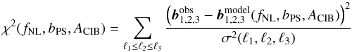 Mathematical equation: \begin{equation} \label{Eq:chi2fnlbpsAIR} \chi^2(\fnl, \bps, \air) = \sum_{\lu \leq \ld \leq \lt} \frac{\left(\mbl^\mathrm{obs} - \mbl^\mathrm{model}(\fnl, \bps, \air)\right)^2}{\sigma^2(\lu,\ld,\lt)} \end{equation}