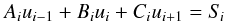 Mathematical equation: \begin{equation} \label{eqn:feaut5} A_{i}u_{i-1} + B_{i} u_{i} + C_{i} u_{i+1} = S_{\kern-.1em i} \end{equation}