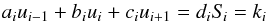 Mathematical equation: \begin{equation} \label{eqn:feautcorr0} a_{i}u_{i-1}+b_{i}u_{i}+c_{i}u_{i+1} = d_{i}S_{\kern-.1em i} = k_{i} \end{equation}