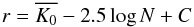 Mathematical equation: \begin{equation} \label{starcolordep} r = \overline{K_0} - 2.5 \log N + C \end{equation}