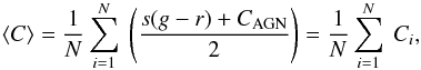 Mathematical equation: \begin{eqnarray} \langle C \rangle = \frac{1}{N} \sum\limits_{i=1}^{N}~\left(\frac{s (g-r)+C_{\rm AGN}}{2}\right) = \frac{1}{N} \sum\limits_{i=1}^{N}~C_i , \end{eqnarray}