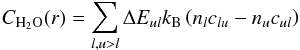 Mathematical equation: \begin{equation} \label{cool} C_{\mathrm{H}_2\mathrm{O}}(r) = \sum_{l, u>l} \Delta E_{ul} k_{\rm B} \left( n_l c_{lu} - n_u c_{ul} \right) \end{equation}