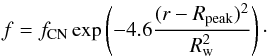 Mathematical equation: \begin{equation} \label{cnab} f = f_\mathrm{CN} \exp \left( -4.6 \frac{(r-R_\mathrm{peak})^2}{R_{\rm w}^2}\right)\cdot \end{equation}
