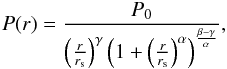 Mathematical equation: \begin{eqnarray} P(r) = \frac{P_0}{\left(\frac{r}{r_{\mathrm{s}}}\right)^{\gamma}\left(1+\left(\frac{r}{r_{\mathrm{s}}}\right)^{\alpha}\right)^{\frac{\beta-\gamma}{\alpha}}}, \label{eq:gNFW} \end{eqnarray}