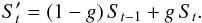 Mathematical equation: \begin{equation} \label{filtFirstOrder} S'_{t} = (1 - g) \, S_{t-1} + g \, S_{t} . \end{equation}