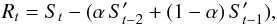 Mathematical equation: \begin{equation} \label{decalFraction} R_t = S_t - (\alpha \, S'_{t-2} + (1-\alpha) \, S'_{t-1}) , \end{equation}