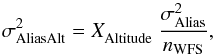Mathematical equation: \begin{equation} \sigma^2_{\rm AliasAlt} = X^{}_{\rm Altitude} \ \frac{\sigma^2_{\rm Alias}}{n_{\rm WFS}} , \end{equation}