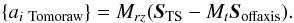 Mathematical equation: \begin{equation} \{ a_{i\ \rm Tomoraw} \} = M_{rz}(\vec{S}_{\rm TS} - M_t \vec{S}_{\rm offaxis}) . \end{equation}