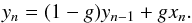 Mathematical equation: \appendix \setcounter{section}{1} \begin{equation} \label{lowpass} y_n = (1-g)y_{n-1} + g x_n . \end{equation}