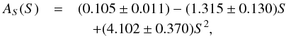 Mathematical equation: \begin{eqnarray} A_S (S)&=&(0.105 \pm 0.011)-(1.315 \pm 0.130)S \notag \\&&\quad + (4.102 \pm 0.370)S^2, \label{f_spot} \end{eqnarray}