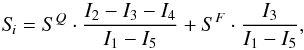 Mathematical equation: \begin{equation} S\!_i = S^Q \cdot \frac{I_2-I_3-I_4}{I_1-I_5}+S^F \cdot \frac{I_3}{I_1-I_5}, \label{eq:S_i} \end{equation}
