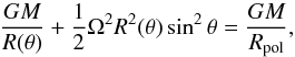 Mathematical equation: \begin{equation} \frac{GM}{R(\theta)}+\frac{1}{2}\Omega^2R^2(\theta)\sin^2\theta=\frac{GM}{R_{\textrm{pol}}}, \label{eq4} \end{equation}