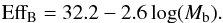 Mathematical equation: \begin{eqnarray} \label{windEffHopkins} \text{Eff}_{\textrm{B} } = 32.2-2.6 \log(M_{\text{b}}). \end{eqnarray}