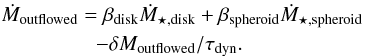 Mathematical equation: \begin{eqnarray} \label{eq:outflowedReservoir} &&\nonumber \dot{M}_{\rm outflowed} = \beta_{\rm disk} \dot{M}_{\star,{\rm disk}} + \beta_{\rm spheroid} \dot{M}_{\star,{\rm spheroid}} \\ &&\hspace*{1.6cm}- \delta M_{\rm outflowed} / \tau_{\rm dyn}. \end{eqnarray}