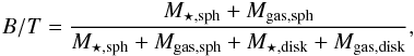 Mathematical equation: \begin{eqnarray} B/T = \frac{M_{\rm \star, sph} + M_{\rm gas, sph}}{M_{\rm \star, sph} + M_{\rm gas, sph}+M_{\rm \star, disk} + M_{\rm gas, disk}}, \end{eqnarray}