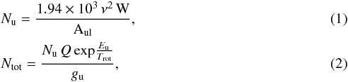 Mathematical equation: \begin{eqnarray} &&N_\mathrm{u}=\frac{1.94\times10^{3}\,\nu^{2}\,\mathrm{W}}{\mathrm{A_{ul}}}, \\ &&N_\mathrm{tot}={\frac{N_{\rm u}\,Q\,{\rm exp}\frac{E_{\rm u}}{T_{\mathrm{rot}}}}{{g_{\rm u}}}} , \end{eqnarray}