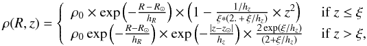 \begin{equation} \label{eqn-thdisc2} \rho(R,z) = \left\{\begin{array}{ll} \rho_{0} \times\exp{\left(-\frac{R\,-\,R_{\small \sun}}{h_{R}}\right)}\times\left(1-\frac{1/h_{z}}{\xi*(2.\,+\,\xi/h_{z})}\times z^{2}\right) & \mbox{ if } z\leq \xi \\ \rho_{0} \exp{\left(-\frac{R-R_{\small \sun}}{h_{R}}\right)}\times\exp \Big({-\frac{|z-z_{\small \sun}|}{h_{z}}\Big)\times \frac{2\exp(\xi/h_{z})}{(2+\xi/h_{z})}} & \mbox{ if } z> \xi,\\ \end{array} \right. \end{equation}