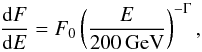 Mathematical equation: \begin{equation} \frac{{\rm d}F}{{\rm d}E} = F_0\left(\frac{E}{200\,\mathrm{GeV}}\right)^{-\Gamma}, \end{equation}