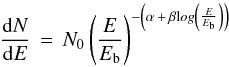 Mathematical equation: \begin{equation} \frac{\di N} {\di E}\,=\,N_0 \left( \frac{E}{E_{\rm b}} \right) ^{- \left( \alpha\,+\,\beta {\mathrm log} \left(\frac{E}{E_{\rm b}}\right) \right)} \end{equation}